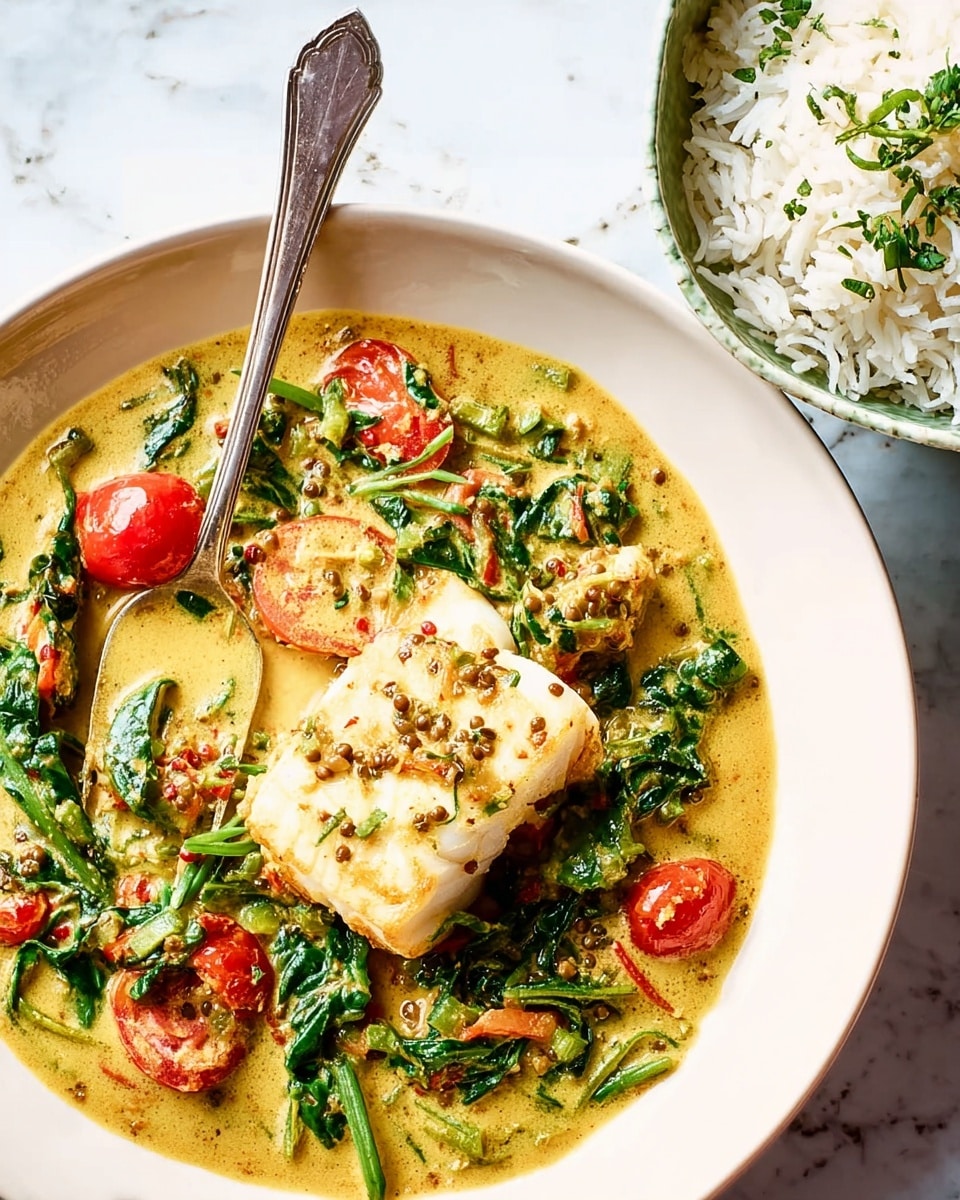 The image shows a white plate filled with a creamy yellow curry mixed with green leafy vegetables, whole cherry tomatoes, and specks of black mustard seeds. On top of the curry, there is a large piece of white fish fillet with a lightly browned surface. A silver fork rests on the left side of the plate, partially dipped into the curry. To the right and slightly above, there is a white bowl with fluffy white rice mixed with fresh green herbs. The dishes are set on a white marbled surface. photo taken with an iphone --ar 4:5 --v 7