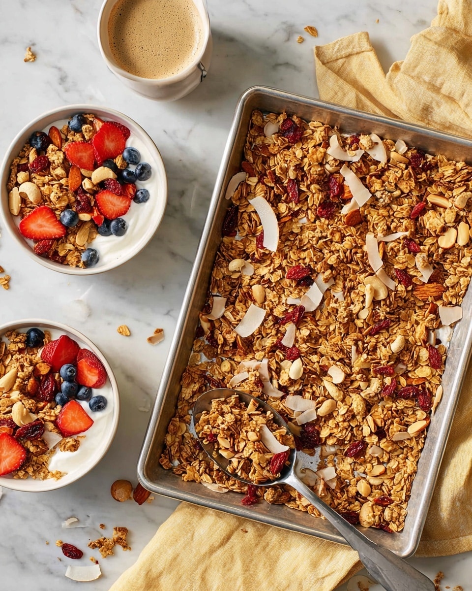 A large metal tray filled with a crunchy granola mix made of golden brown oat clusters, light brown almond slices, whole almonds, cashews, and scattered red dried cranberries, with a silver spoon resting on the right side scooping granola; next to the tray, there are two white bowls each layered with creamy white yogurt at the bottom, topped with the granola mix, fresh red strawberry slices, raspberries, and blue blueberries, one bowl is accompanied by a silver spoon, and a white cup of black coffee is placed behind the bowls, all set on a white marbled surface with a pale yellow cloth partially under the tray photo taken with an iphone --ar 4:5 --v 7