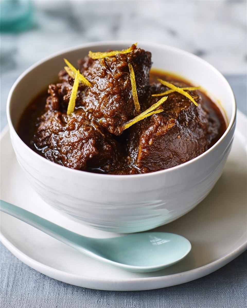 The image shows a white, rounded bowl filled with several thick pieces of dark brown meat covered in a rich, chunky sauce that looks glossy and textured. On top of the meat, there are thin strips of yellow garnish. The bowl sits on a white plate with a smooth, light blue soup spoon resting on the plate's edge. The background is a white marbled surface. Photo taken with an iphone --ar 4:5 --v 7