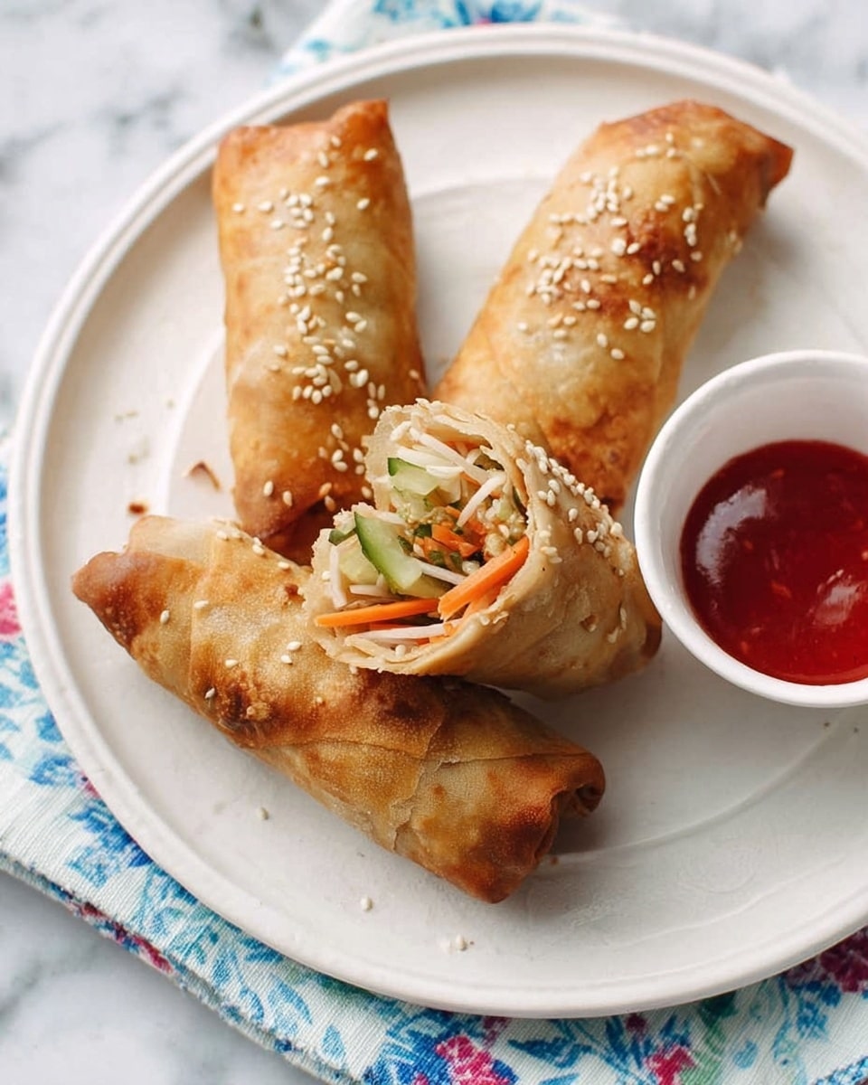 The image shows a white plate with three golden-brown spring rolls topped with sesame seeds. One spring roll is cut in half, revealing the inside layers of light shredded chicken, thin slices of green cucumber, and thin red carrot strips arranged neatly in the center. There is a small white cup filled with red dipping sauce placed near the edge of the plate. The plate sits on a white marbled surface with a light blue cloth with pink and green flower patterns partially visible under the plate. Photo taken with an iphone --ar 4:5 --v 7