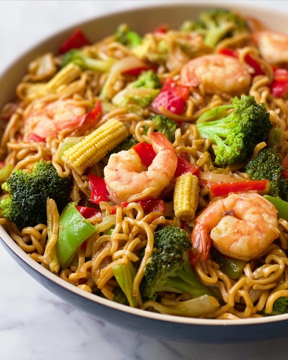 The image shows a close-up of a dish in a white bowl filled with stir-fried noodles. The bottom layer consists of long, slightly twisted yellow noodles with a light sauce. On top of the noodles, there are bright green broccoli florets scattered around, along with baby corn pieces that are pale yellow and smooth. Pink shrimp are placed throughout the dish, each one curled in a semi-circle shape. There are also small red bell pepper pieces adding a pop of color. The background is a white marbled surface. photo taken with an iphone --ar 4:5 --v 7