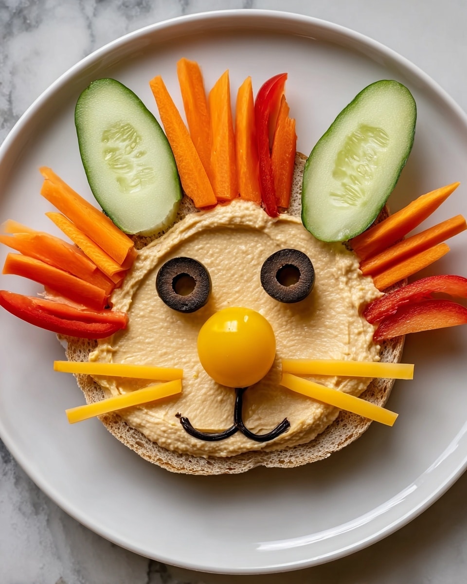 A round slice of whole grain bread lies flat on a white plate with a white marbled surface underneath. The bread is covered evenly with a creamy beige layer of hummus forming the lion's face. Around the edge of the bread are thin strips of bright orange carrot and some shorter red bell pepper strips, representing the mane. Two green cucumber slices are placed near the top sides to look like ears. The eyes are made from two black olive rings centered on the hummus. The nose is a shiny, round yellow cherry tomato positioned in the middle. Below the nose, a smiling mouth is created with two curved black olive pieces. Two small triangular slices of orange-yellow cheese are arranged on each side below the eyes, resembling whiskers. The colors are vivid against the clean white plate and white marbled surface. photo taken with an iphone --ar 4:5 --v 7