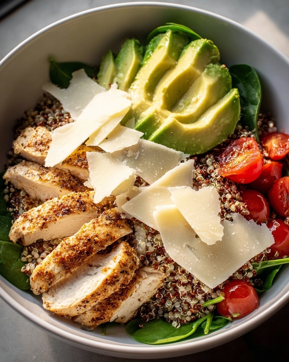 A white bowl holds a layered dish starting with a bed of green spinach leaves at the bottom, topped by a layer of mixed red and white quinoa. Scattered among the quinoa are bright red cherry tomatoes, some cut in half. On one side, thinly sliced avocado with smooth, light green flesh is neatly fanned out. On the other side, several pieces of grilled chicken breast with a golden brown, slightly peppered crust are sliced into thick strips and placed side by side. Thin, light beige cheese shavings are sprinkled generously over the entire dish, adding texture and contrast. Photo taken with an iphone --ar 4:5 --v 7