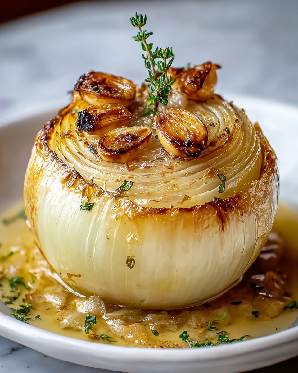 A single roasted onion sits in the middle of a white plate, showing about five visible layered rings that are light golden and slightly translucent with browned, crispy edges around the top and sides. On top of the onion are four roasted garlic cloves that are golden brown with a shiny texture, and a small sprig of fresh green thyme standing upright. Surrounding the onion is a pool of golden-brown oil sauce with small bits of green herbs floating in it, all placed on a white marbled surface. photo taken with an iphone --ar 4:5 --v 7