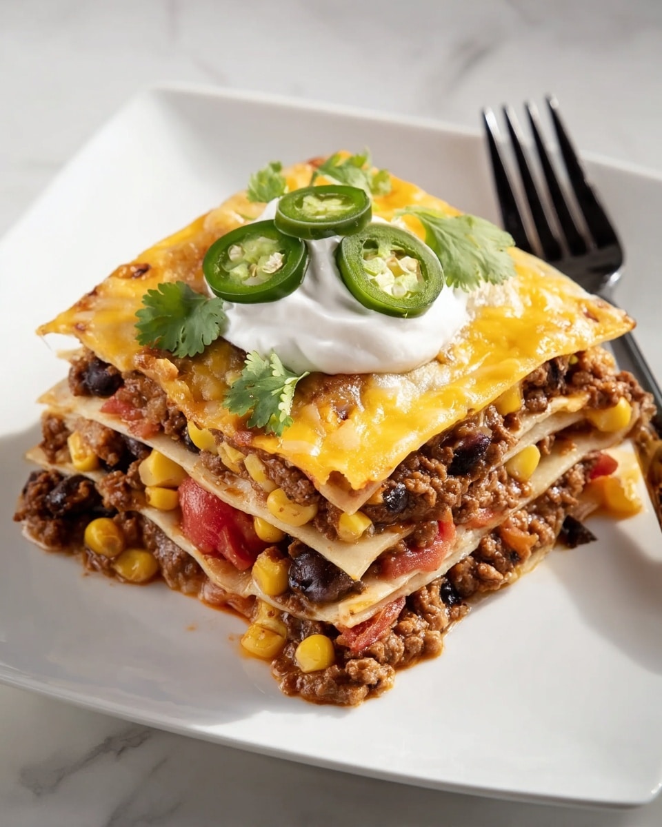 A square piece of layered lasagna sits on a white plate with a white marbled surface underneath. The dish has four visible layers of pasta sheets separated by thick layers of ground beef mixed with black beans, yellow corn, and small diced red tomatoes. The top layer shows melted yellow cheese slightly browned with a creamy white dollop of sour cream on top. Thin green slices of jalapeño and fresh cilantro leaves are placed on the sour cream as garnish. A fork rests beside the plate on the same white marbled surface. Photo taken with an iphone --ar 4:5 --v 7