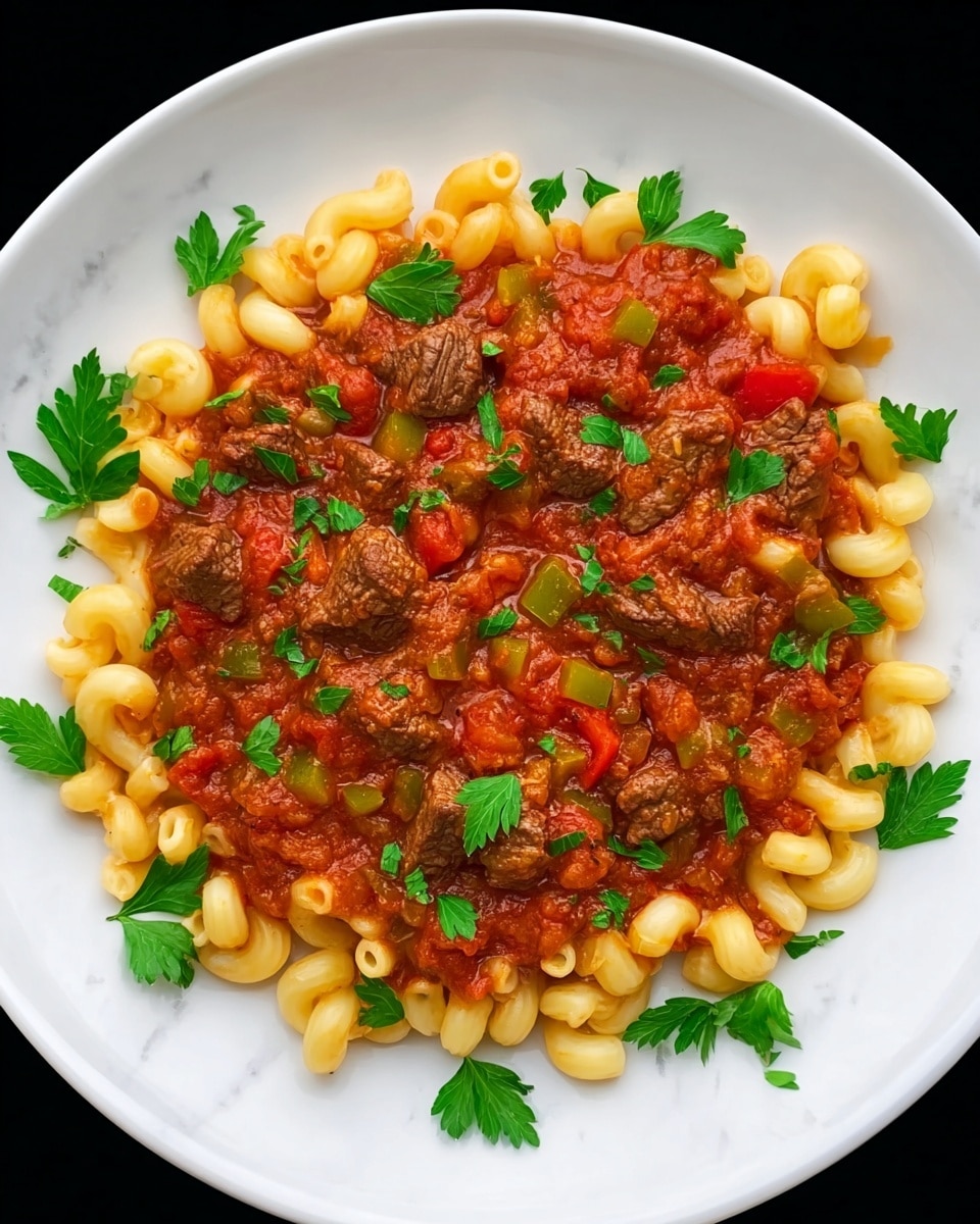 A white plate filled with a pasta dish showing three main layers: small elbow macaroni pasta with a pale yellow color, chunks of brown cooked beef, and a thick deep red tomato sauce mixed with diced green and red bell peppers. The dish is topped with scattered fresh green parsley leaves, adding a bright contrast. The sauce looks rich and textured, coating the pasta and beef evenly. The white plate rests on a white marbled textured surface, enhancing the vibrant colors of the food. Photo taken with an iphone --ar 4:5 --v 7