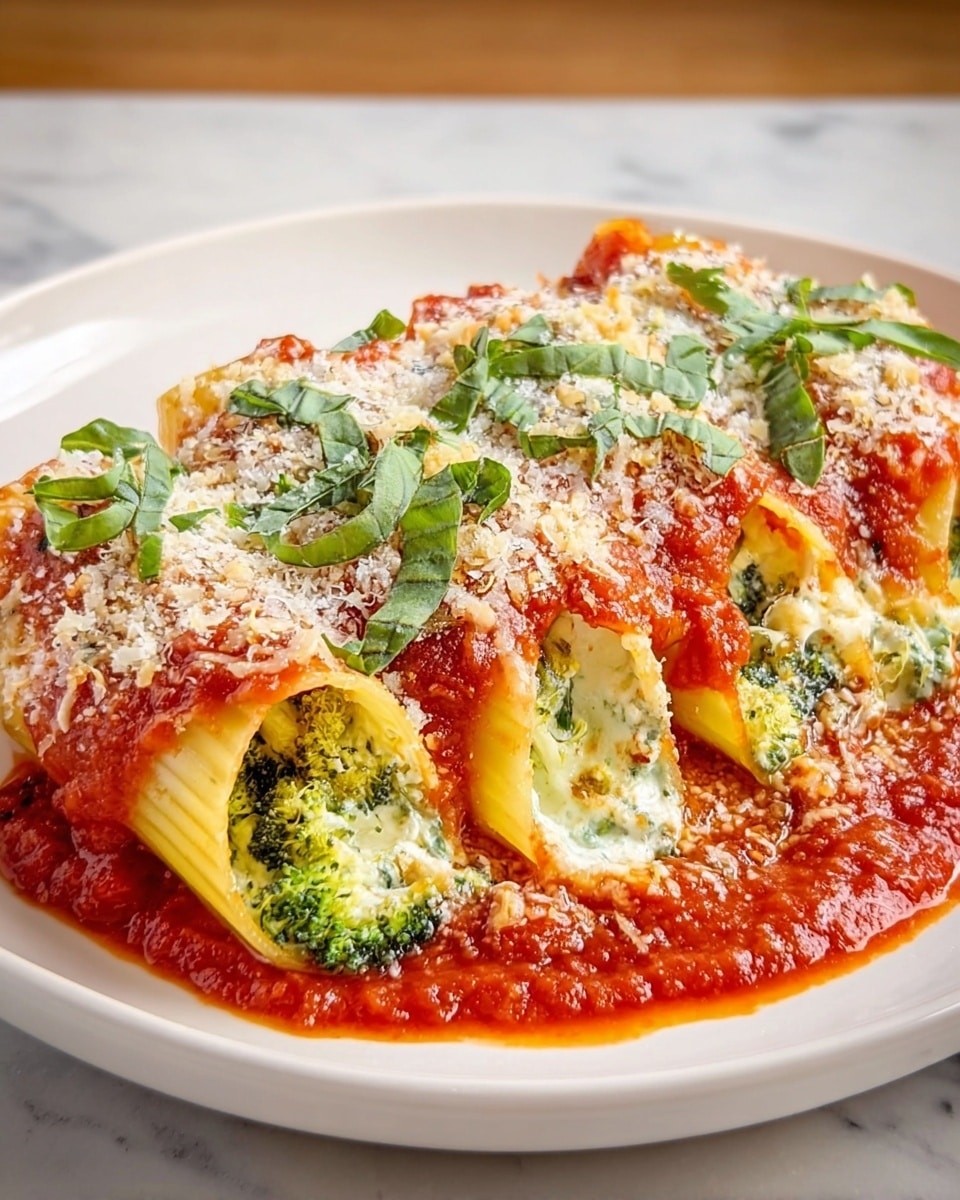 A white oval plate holds five stuffed pasta shells arranged side by side. Each large shell is filled with a green broccoli and white ricotta cheese mix visible at the open ends. The shells are topped with a thick red tomato sauce, melted white cheese, and a sprinkle of grated white cheese. Fresh green basil pieces are scattered over the top. The plate sits on a white marbled texture. photo taken with an iphone --ar 4:5 --v 7