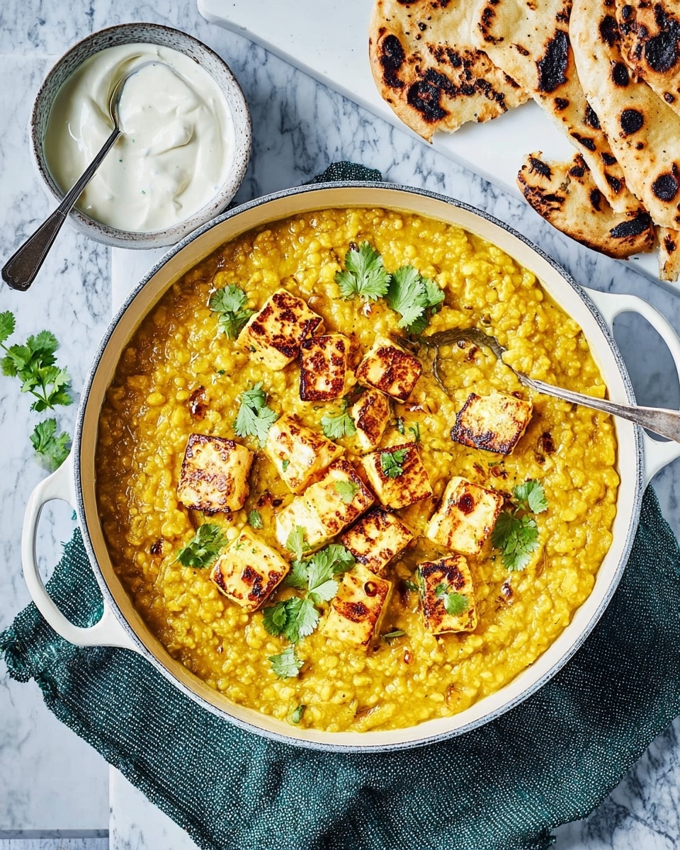 The dish shows a white pan filled with thick yellow lentil curry as the base layer, with a textured, slightly chunky surface. On top are several pieces of browned grilled paneer cheese scattered evenly, each piece golden with char marks. Fresh green cilantro leaves are arranged over the paneer, adding a bright contrast with their smooth, leafy texture. To the side is a small white bowl with smooth, creamy white yogurt and a silver spoon resting inside. In the background, some torn pieces of naan bread with browned spots are placed on a white marbled surface, with a green striped cloth partially under the pan. A large silver spoon is partially buried in the lentil curry. Photo taken with an iphone --ar 4:5 --v 7