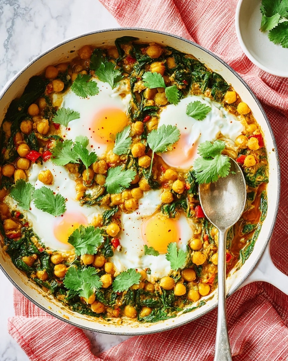 A white pan filled with a warm dish showing three soft cooked eggs with bright yellow yolks partly covered by white egg whites, positioned evenly across the dish. The base layer is a mix of tender chickpeas and cooked spinach in a yellowish-orange sauce dotted with small bits of red chili or pepper, giving it a textured and hearty look. Fresh green cilantro leaves are scattered on top, adding a fresh contrast. A spoon rests inside the pan, and nearby is a bowl with a creamy white dip speckled with green herbs. The pan sits on a white marbled surface with a red and white striped cloth wrapped around one side. photo taken with an iphone --ar 4:5 --v 7