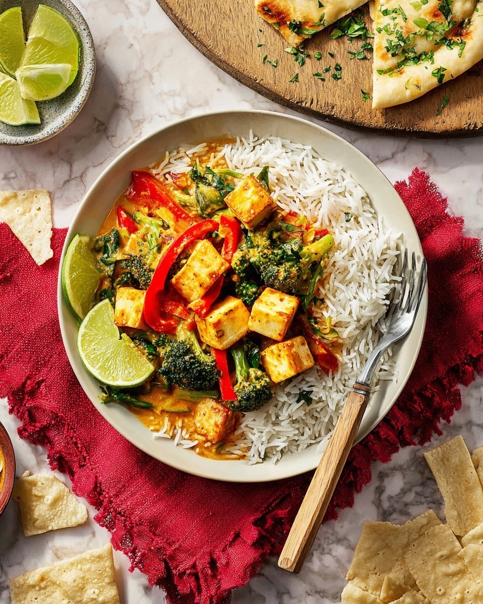 A white bowl filled with a layer of white cooked rice at the bottom, topped with a colorful mix of vegetables and paneer cubes. The vegetables include bright green broccoli, red bell pepper slices, and dark green spinach leaves, all coated with a thick, yellow-orange sauce. Two lime wedges are placed on the left side inside the bowl. A fork with a wooden handle rests on the right side of the bowl. The bowl is set on a red cloth napkin on a white marbled surface. On the upper right side, there are pieces of naan bread on a round wooden board, and on the lower right, light-colored papadum pieces and a small white bowl with lime wedges. Photo taken with an iphone --ar 4:5 --v 7