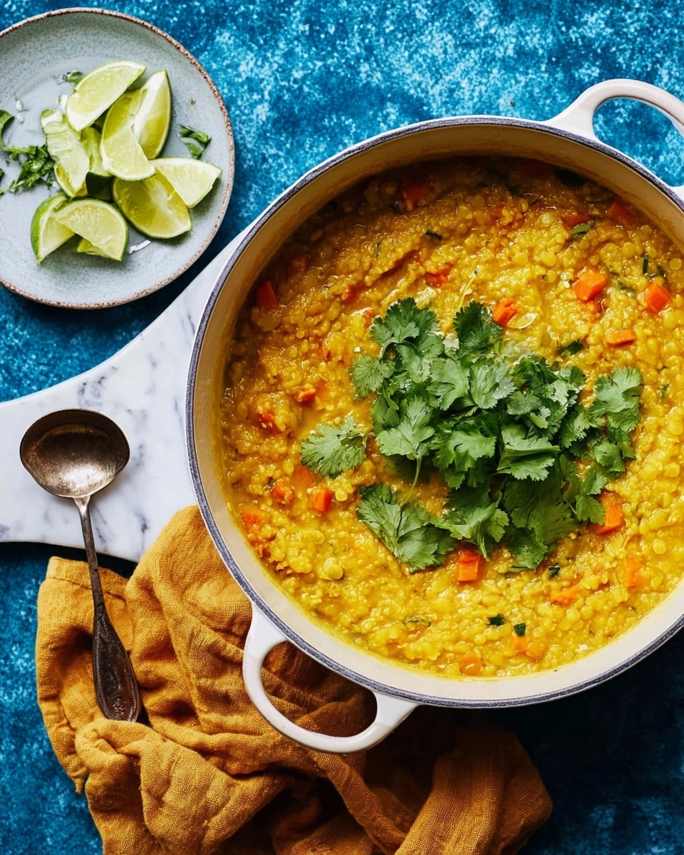 A white skillet filled with a thick yellow lentil stew mixed with small orange carrot pieces, topped with a cluster of fresh green cilantro leaves in the center, sits on a bright blue cloth. Below the skillet is a white plate holding four lime wedges arranged in a semi-circle, a small bunch of cilantro leaves, and a silver spoon resting diagonally. A mustard yellow cloth is placed under the skillet handle on the right side. The background is a white marbled texture, photo taken with an iphone --ar 4:5 --v 7