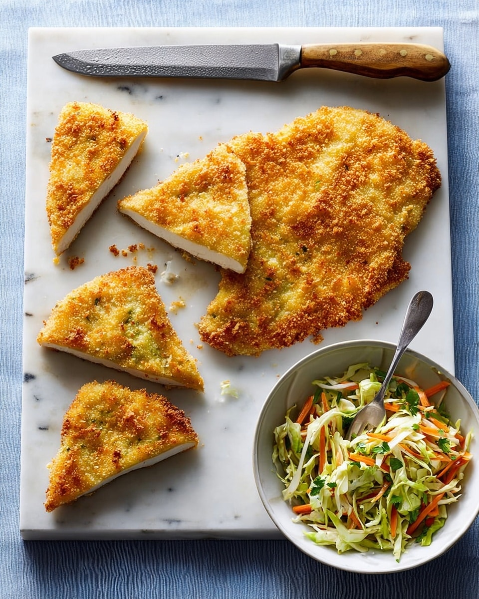 The image shows a white cutting board placed on a white marbled surface with a blue cloth underneath. On the board, there is a large piece of golden-brown crispy breaded chicken on the right side, with a few slices cut from a similar piece on the left side. The cut pieces show a crunchy outer layer with a white interior. A knife with a wooden handle lies above the cut chicken. To the left of the board is a white bowl filled with creamy coleslaw made of shredded cabbage, carrots, and herbs, with a silver spoon resting inside. Some coleslaw is placed on the board beside the bowl. Photo taken with an iphone --ar 4:5 --v 7