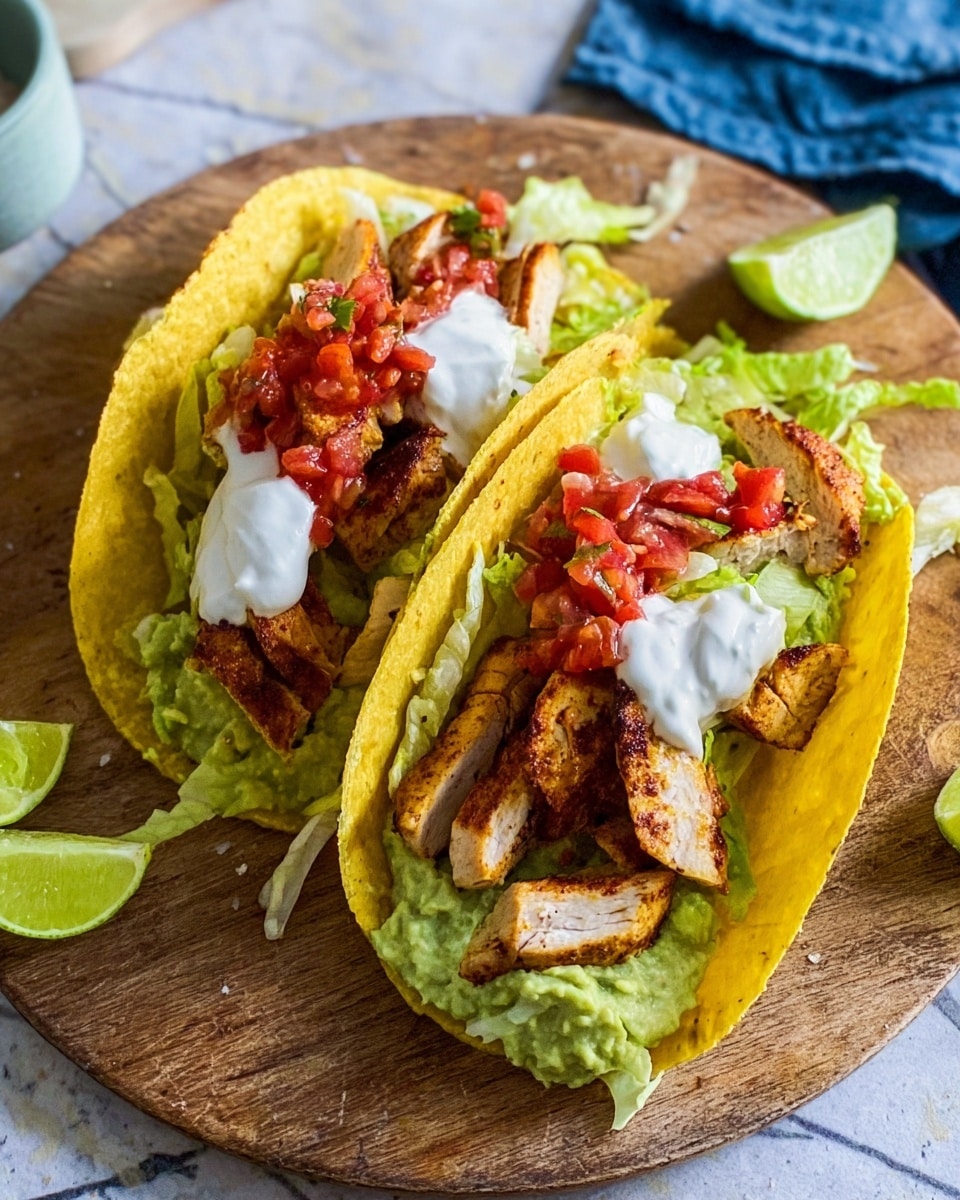Two tacos sit side by side on a round wooden board. Each taco shell is yellow with a slightly crispy texture and filled with layers starting from bright green shredded lettuce at the bottom. On top of the lettuce are thick slices of grilled chicken with a golden-brown charred crust. Above the chicken is a spoonful of chunky red salsa and a dollop of creamy white sauce, topped with a small sprig of green cilantro. Two lime wedges rest near the tacos on the board, and small bits of lettuce are scattered around. The background is a white marbled texture. Photo taken with an iphone --ar 4:5 --v 7