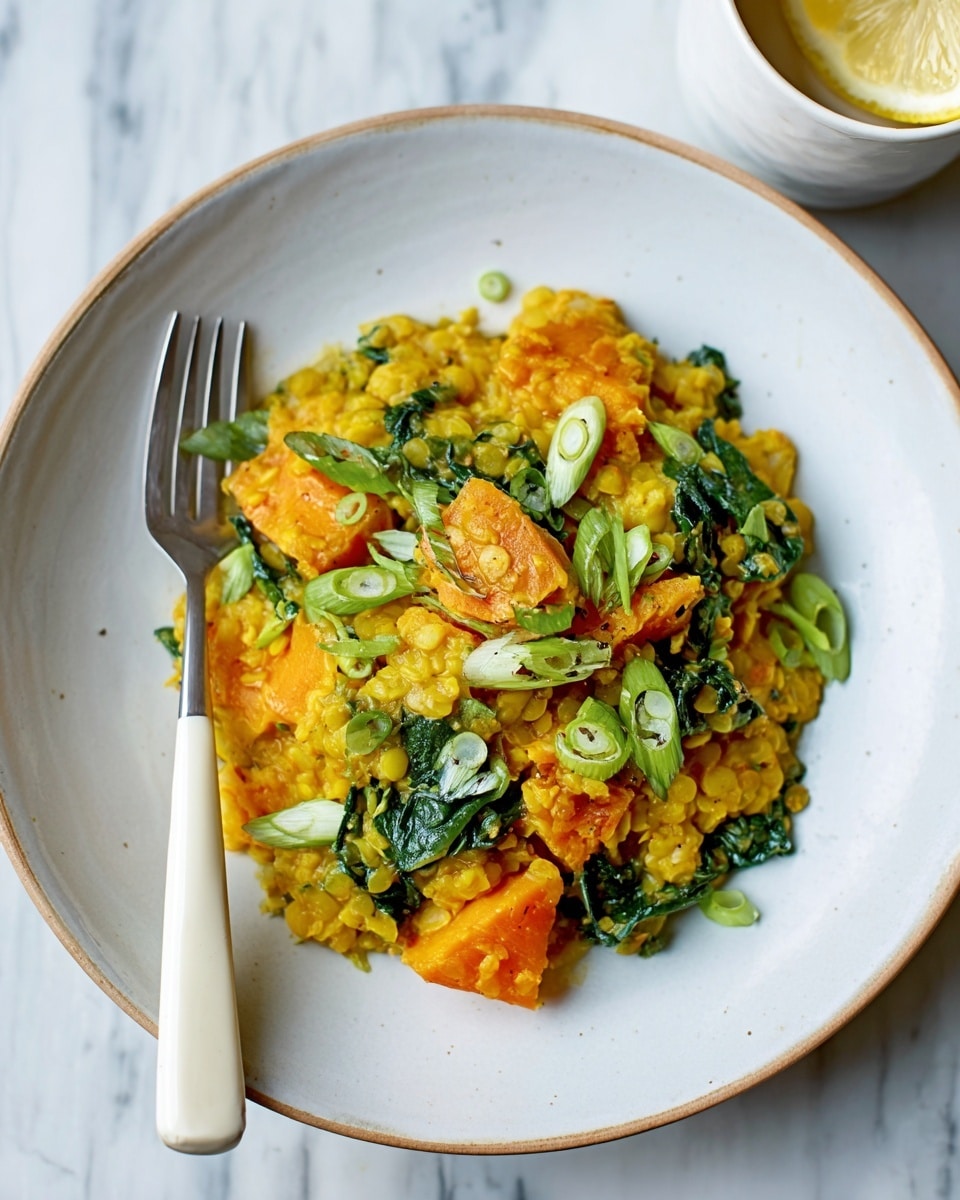 A white bowl filled with a colorful dish of yellow lentils mixed with bright orange chunks of sweet potato and green leafy spinach. The lentils have a soft texture and create the base layer, while the sweet potato pieces are scattered on top, adding a thick and hearty look. Freshly sliced green onions are sprinkled over the top, giving a fresh touch with their light green color. A silver fork with a white handle rests on the side of the bowl. The bowl sits on a white marbled surface with a small white cup containing lemon wedges nearby. Photo taken with an iphone --ar 4:5 --v 7