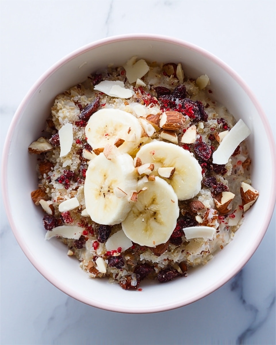 The image shows a white bowl filled with a layered dish. The base layer is a mixture of small, pale grains or oats mixed with finely chopped nuts and dried fruit pieces in dark red and brown colors. On top of this, there are thin slices of banana placed neatly in the center. Around the banana slices, pieces of chopped nuts in light brown and white shades are scattered. The bowl sits on a white marbled surface, and the overall look is fresh and healthy with mixed textures of soft oats, crunchy nuts, and smooth banana slices. photo taken with an iphone --ar 4:5 --v 7