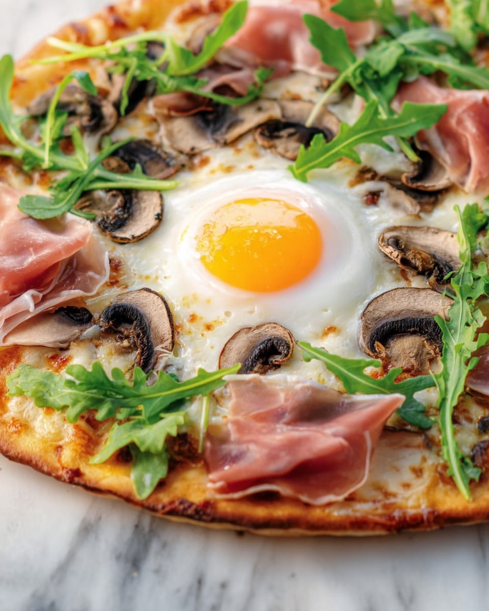 A round pizza with a golden brown crust forms the base layer, topped with melted cheese that is slightly browned at the edges. In the center, there is a sunny-side-up egg with a bright yellow yolk and white cooked edges dotted lightly with black pepper. Around the egg, small slices of cooked mushrooms add a soft, dark brown texture. Thin, pink slices of prosciutto are spread evenly on the pizza, some folded for volume. Fresh green arugula leaves are scattered generously on top, adding a vibrant contrast. The pizza sits on a white marbled surface. photo taken with an iphone --ar 4:5 --v 7