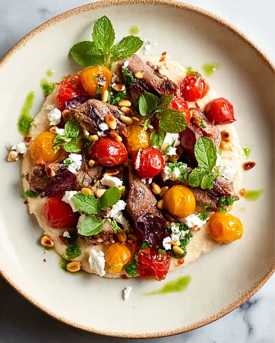 The dish is served on a white plate with a white marbled surface beneath. The base layer is a smooth, light beige spread that covers most of the plate. On top, there are several small, colorful roasted cherry tomatoes in red and yellow hues scattered mostly on the right side. In the middle, there are pieces of grilled meat with a browned and slightly crispy texture. Around the meat and tomatoes, fresh green herbs and small leaves add bright green spots. White crumbles of cheese are sprinkled evenly across the dish. Pine nuts are scattered over the whole plate, adding small golden brown accents. photo taken with an iphone --ar 4:5 --v 7