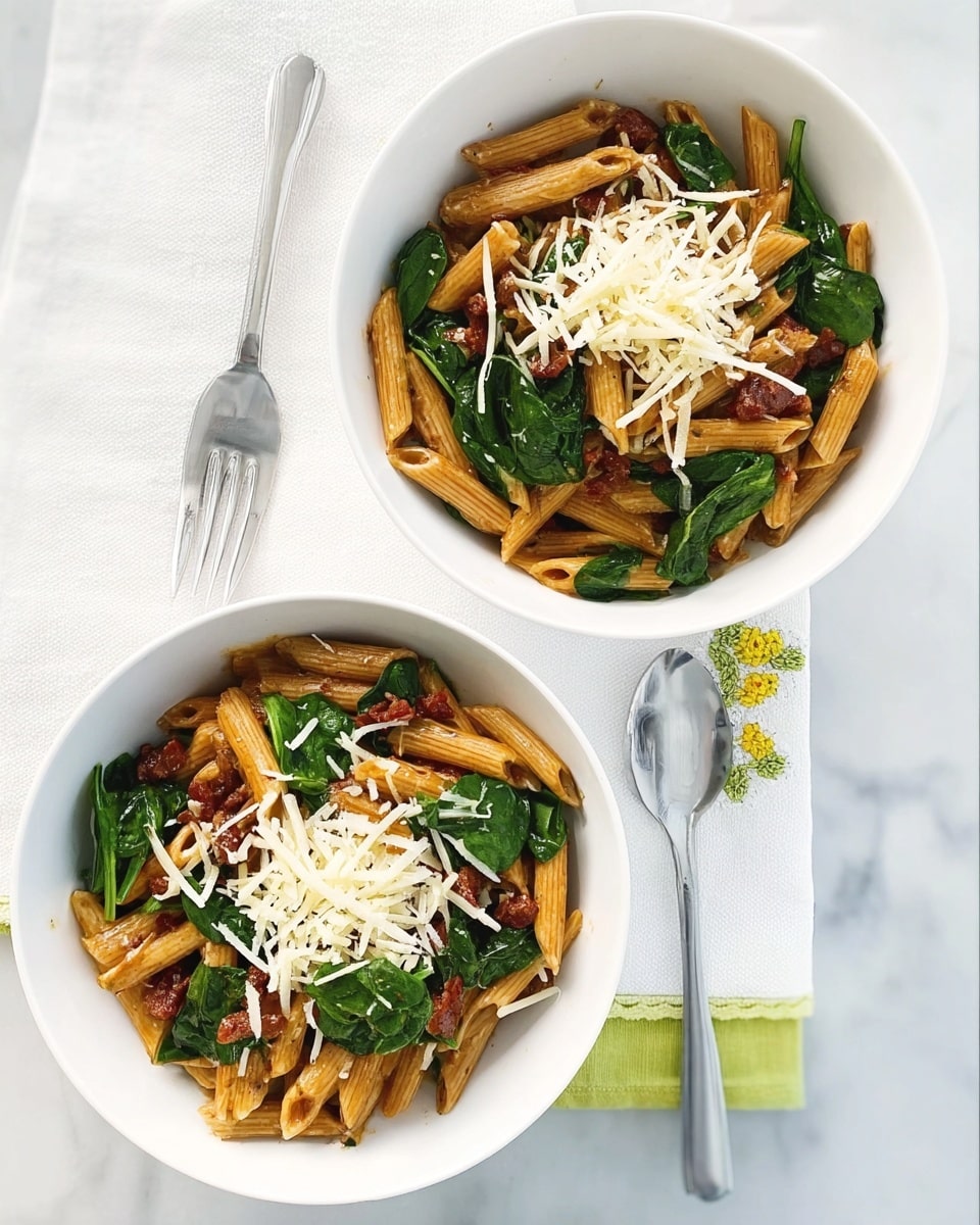 Two white bowls filled with penne pasta cooked in a reddish-orange sauce, layered with fresh green spinach leaves mixed in. On top of the pasta, there is a sprinkle of shredded white cheese. The bowls are placed on a white marbled surface with a white cloth napkin nearby, and two silver forks rest above the bowls. photo taken with an iphone --ar 4:5 --v 7