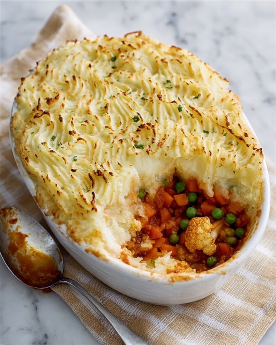 The image shows a white oval dish filled with a shepherd's pie topped with mashed potatoes. The top layer is golden and slightly crispy mashed potato, piped in a textured swirl pattern, covering the full surface of the dish. Beneath the mashed potatoes, the filling is visible where a section is missing, revealing a mix of cooked vegetables like orange carrots, green peas, and light brown cauliflower in a reddish sauce. The dish rests on a white marbled surface with a beige and white checkered cloth under it, next to a silver spoon with some sauce on it. Photo taken with an iphone --ar 4:5 --v 7