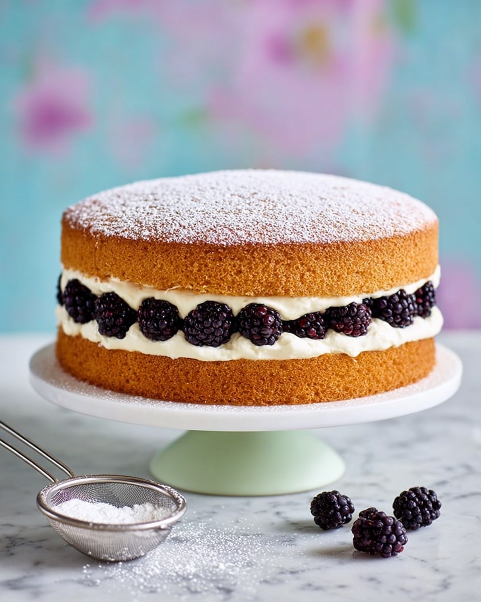 A two-layer golden sponge cake is shown, with the bottom layer topped with a thick layer of smooth white cream and a row of fresh, dark purple blackberries arranged around the edge. The top sponge layer sits on the cream, dusted evenly with powdered sugar, giving a soft, snowy look. The cake is placed on a white marble cake stand with a pale green base, and the background features a colorful, blurred pattern. The surface under the cake stand has a white marbled texture with a fine metal sieve dusted with powdered sugar nearby. photo taken with an iphone --ar 4:5 --v 7