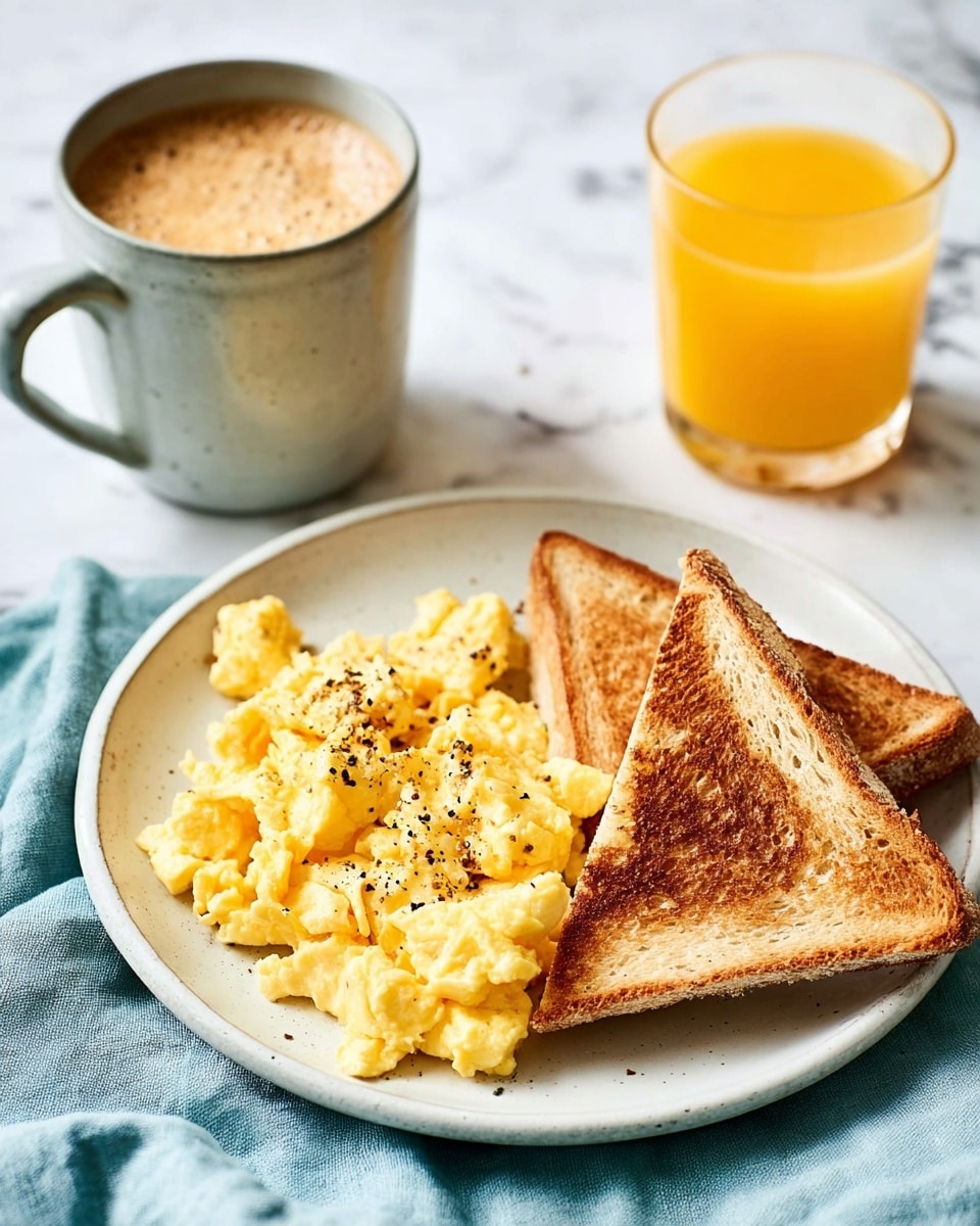 The image shows a white plate with two slices of golden brown toast placed diagonally on the left side, each slice with a shiny spread of butter melting into the bread's texture. On the right side of the plate, there is a creamy mound of bright yellow scrambled eggs sprinkled with small black pepper flakes for contrast. The plate is set on a soft light blue cloth that covers a white marbled surface. Nearby, to the left, is a light gray ceramic cup filled with frothy coffee and a clear glass of vibrant orange juice. In the top right corner, there is a small white bowl filled with mixed black and white pepper, adding a subtle detail to the scene. photo taken with an iphone --ar 4:5 --v 7