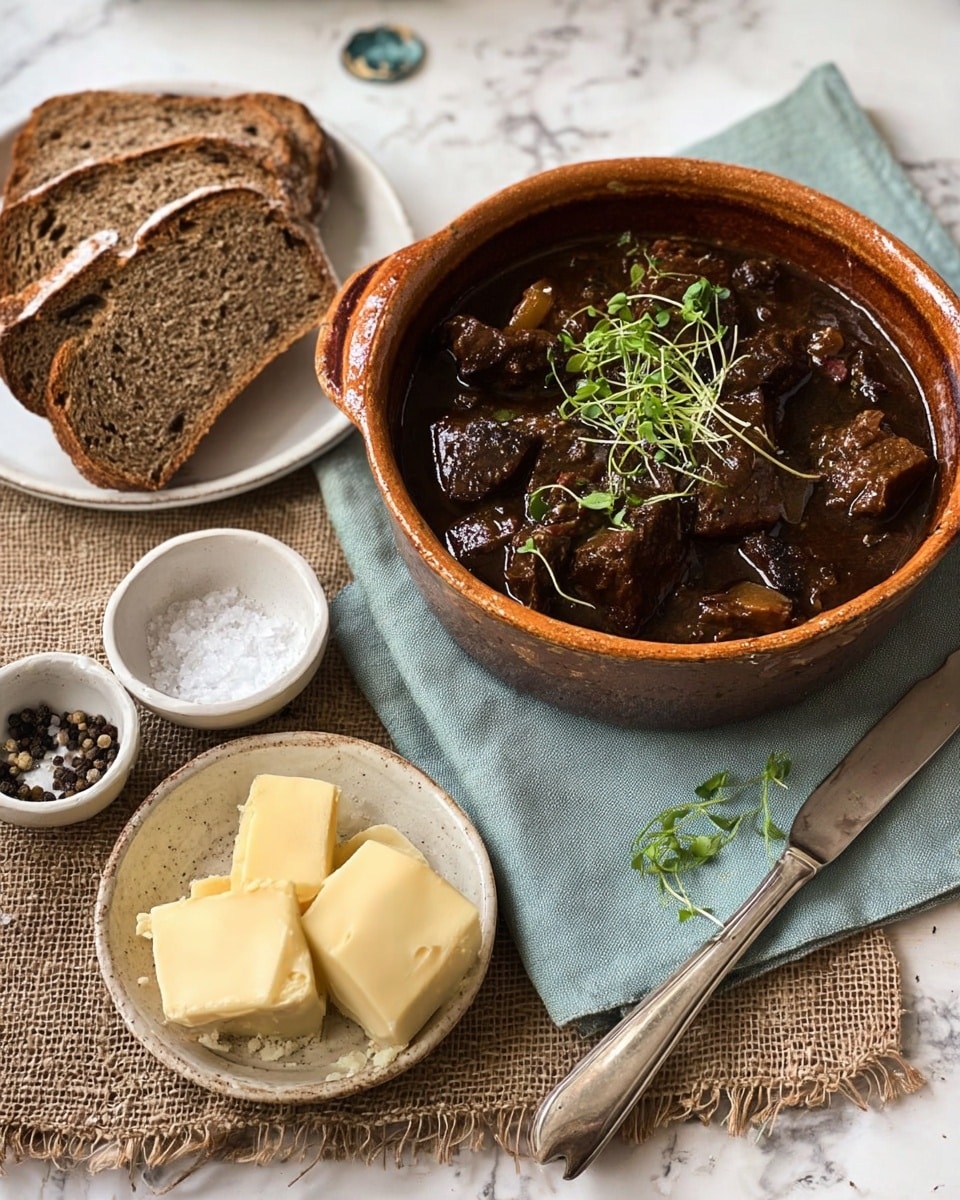 A brown ceramic bowl filled with dark brown beef stew topped with fresh green herbs sits on a light blue cloth with white lace edges, placed on a rough brown burlap cloth over a white marbled surface. To the left, a white plate holds three slices of brown bread, one of which is partially buttered. Next to the bread is a small white bowl with a black rim containing coarse salt and pepper, and below that is another white bowl with several slices of yellow butter. A butter knife with a small smear of butter rests between the bowls. photo taken with an iphone --ar 4:5 --v 7