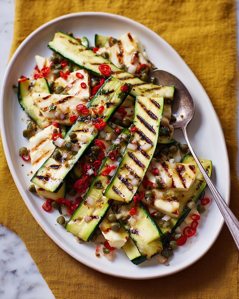 The dish shows a white oval plate filled with long, thin slices of grilled zucchini and white cheese, each with clear grill marks creating dark stripes. The zucchini slices are bright green with darker char lines, and the cheese pieces are creamy white with slight browning from grilling. Scattered on top are bits of finely chopped red chili, small green capers, and tiny pieces of purple onion, all mixed with a light golden olive oil glaze that gives a slight shine. A silver spoon rests on the plate's edge, partially sitting on the food. The plate is placed on a yellow cloth over a white marbled surface. photo taken with an iphone --ar 4:5 --v 7