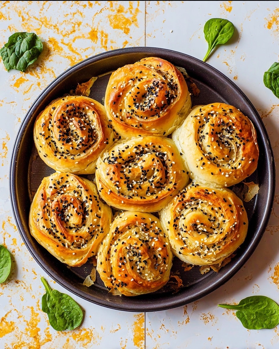 A round black baking pan contains six spiral-shaped pastries with a golden-brown outer layer, flaky and slightly glossy with a few darker toasted spots. Each spiral has multiple thin layers of dough wrapped tightly around a filling, sprinkled evenly with small black sesame seeds on top. The pastries sit close together, filling most of the pan, with a few flaky crumbs scattered inside. The pan rests on a white marbled surface with some orange and tan specks, and two fresh spinach leaves are placed in the upper right corner. Photo taken with an iphone --ar 4:5 --v 7