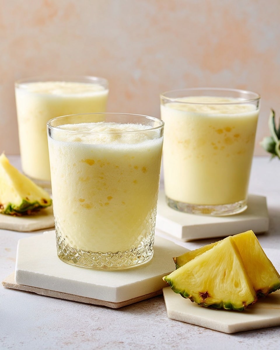 Three glasses filled with a light yellow creamy pineapple smoothie are arranged on a white marbled surface; each glass is clear with a textured pattern and is filled nearly to the top with the frothy smoothie, showing small bits of pineapple inside. In the foreground, two triangular pineapple wedges with light yellow flesh and brown-green rind sit on a white plate with a rough edge, one wedge slightly leaning on the other. The background is soft and blurred with pale colors. photo taken with an iphone --ar 4:5 --v 7