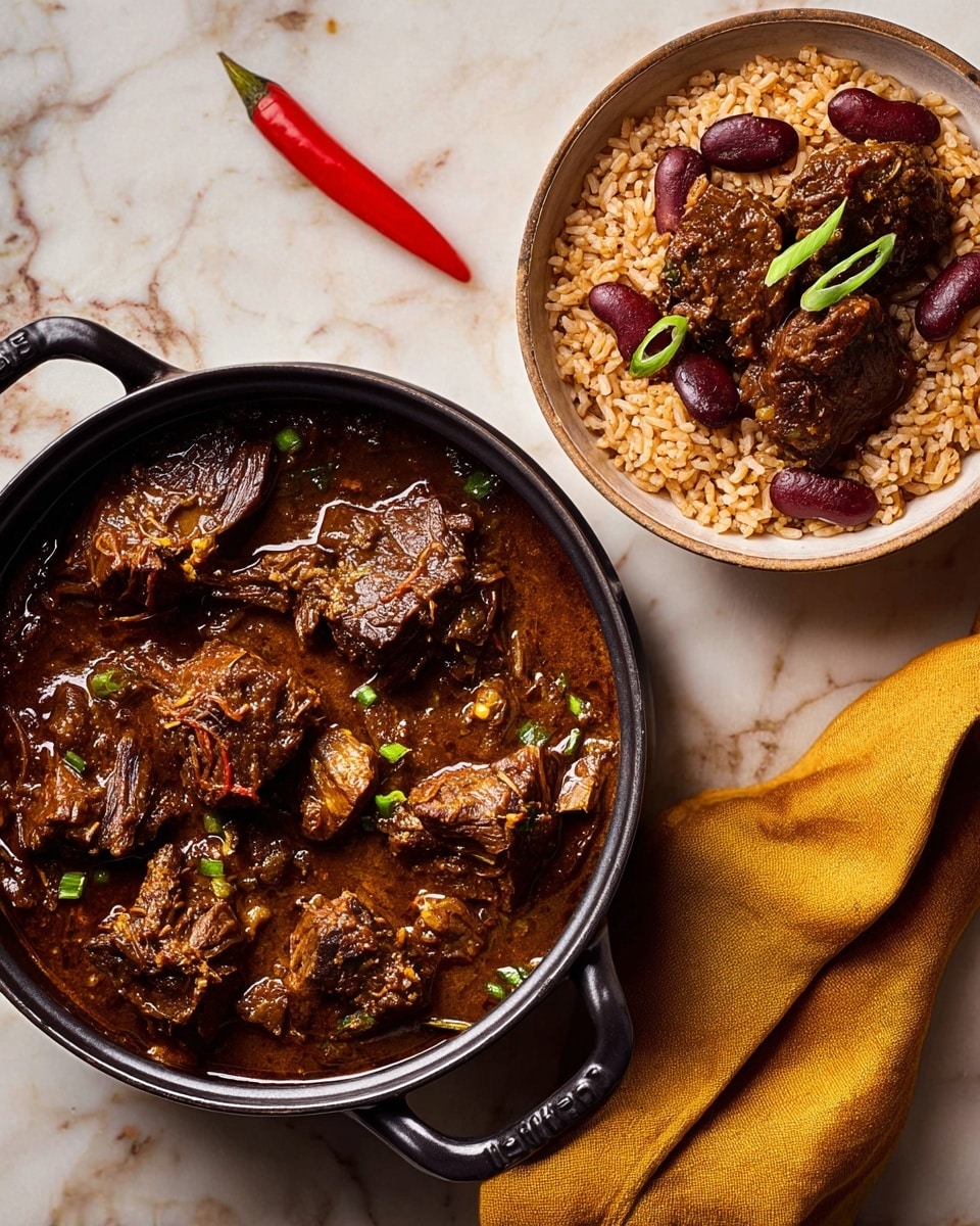 A large metal pan with two handles holds dark brown stewed meat pieces in thick gravy with some green onion stalks and one red pepper visible, giving a hearty, rich look. Next to the pan is a white bowl filled with a mix of rice, red kidney beans, and a few pieces of the stewed meat, garnished with green onion stalks, showing a good mix of textures and colors. A black serving spoon is partially inside the pan, resting on a mustard yellow cloth on a white marbled surface. photo taken with an iphone --ar 4:5 --v 7