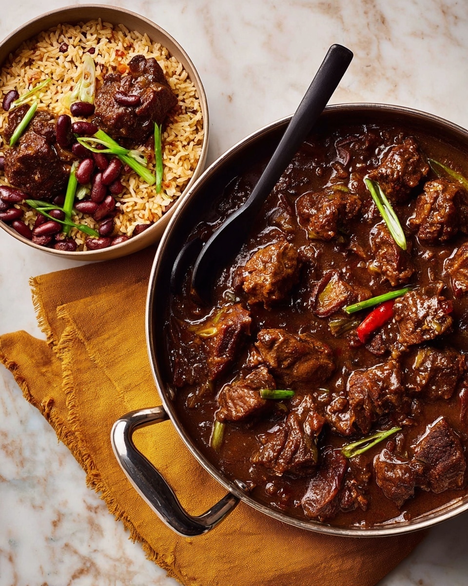 A cooked brown stew with several large chunks of dark brown meat in a thick sauce fills a black pot with handles, mixed with small green pieces of scallions and one whole red chili pepper. Above and slightly to the left is a white bowl filled with light brown rice with several whole dark red kidney beans and three pieces of meat with brown sauce on top, garnished with a piece of green scallion. A mustard-yellow cloth is under one handle of the pot, and everything is set against a white marbled surface. photo taken with an iphone --ar 4:5 --v 7