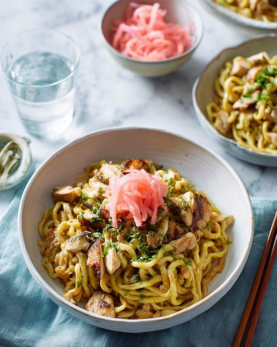 A white bowl filled with stir-fried udon noodles topped with golden-brown cooked chicken pieces and sprinkled with fresh green herbs. On top, there is a small pile of thin, light pink pickled ginger petals. In the background, another white bowl with more noodles and chicken is partly visible alongside a smaller white bowl holding extra pickled ginger slices. Wooden chopsticks rest on the right side of the main bowl near a clear glass of water, while all items sit on a soft, light blue cloth on a white marbled surface. Photo taken with an iphone --ar 4:5 --v 7