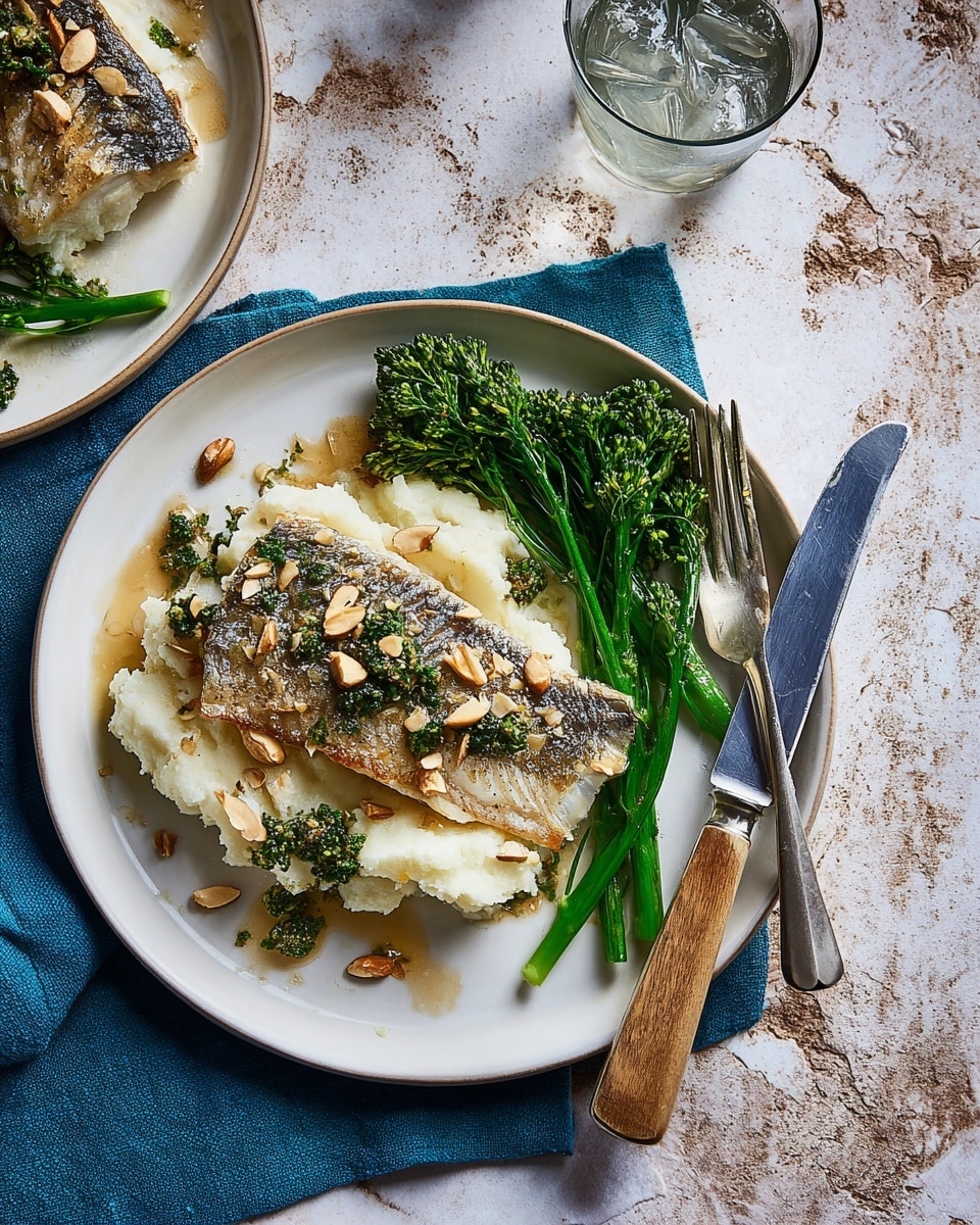 The dish shows a white plate with three main layers: a bottom layer of soft, white mashed potatoes with a creamy texture, topped with a piece of golden-brown cooked fish with crispy skin, sprinkled with small light brown almond slices and green herb sauce. On the right side of the plate, there is a small bunch of bright green broccolini with a fresh, slightly shiny look. A silver fork and a knife with a wooden handle rest on the right edge of the plate. The setting includes a blue napkin under the plate and a glass with ice in the upper right corner, all placed on a white marbled textured surface. Photo taken with an iphone --ar 4:5 --v 7