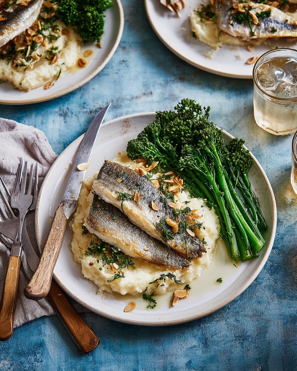 The dish shows a white plate with three main layers: at the bottom is a creamy, off-white mash with a soft and slightly grainy texture; on top of that, there are two golden-brown grilled fish fillets with shiny skin, placed side by side; next to the fish on the right side of the plate, there is a neat bunch of bright green broccolini with a fresh and slightly glossy look. The fish and mash are sprinkled with chopped herbs and lightly toasted almond slices for extra texture and color. A fork and knife with wooden handles rest on the edge of the plate, which is set on a blue cloth over a white marbled surface. Nearby, other plates with similar servings and a glass of iced water can be seen. Photo taken with an iphone --ar 4:5 --v 7
