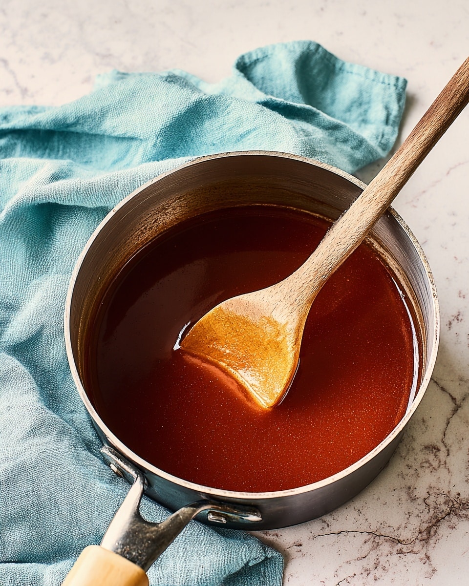 A simple silver saucepan filled with a smooth, thick, dark red sauce sits against a white marbled texture. The sauce has a shiny surface and is being stirred by a light wooden spoon resting inside the pan. The pan handle is light-colored with a metal connection to the pan. A folded turquoise cloth lies next to the pan on the white marbled surface. photo taken with an iphone --ar 4:5 --v 7
