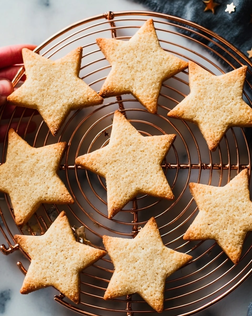 The image shows several light brown star-shaped cookies with a slightly rough texture from specks of ingredients, arranged on a round copper cooling rack. Each cookie has two layers, with a smaller star cookie placed on top of a larger one, perfectly centered. The cookies fill the rack in a neat, slightly overlapping pattern, and the background is a white marbled texture that contrasts softly with the warm tones of the cookies and rack. A woman's hand is gently placing or picking up one of the star cookies. photo taken with an iphone --ar 4:5 --v 7