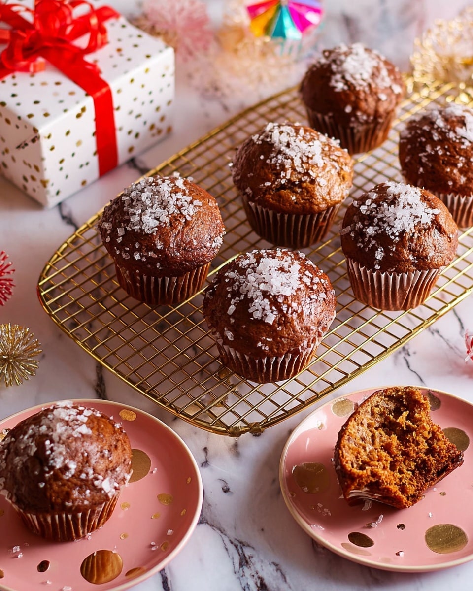 The image shows eight glossy chocolate muffins with a light icing glaze and sprinkled with coarse white sugar on top. Seven muffins are placed on a round golden wire cooling rack in the center, showing their dark brown texture with a slightly cracked glazed surface. One muffin is cut in half on the lower right side, showing a moist, dense chocolate cake with small chunks inside. Two muffins are nearby, each on small white plates with a pink and gold polka dot paper liner beneath. The background features a white marbled surface with soft pink napkins and some colorful party decorations scattered around, adding to a festive look. Photo taken with an iphone --ar 4:5 --v 7