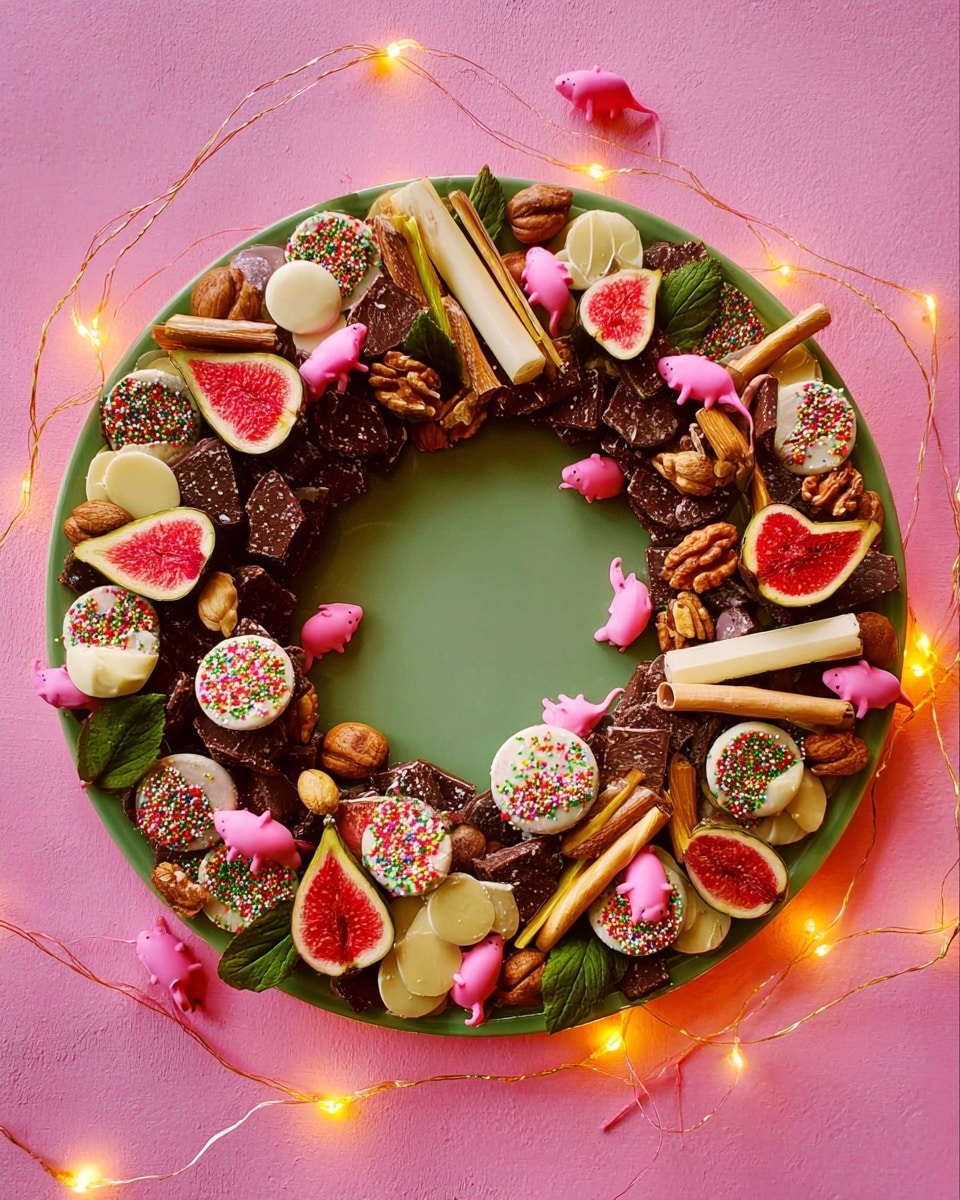 A round green plate is arranged like a wreath with multiple colorful treats on a pink background with fairy lights. The wreath is made of layers featuring dark chocolate clusters with nuts, light brown wafer rectangles, bright red fig halves with visible seeds, thin brown rolled wafer sticks, small white chocolate discs with colorful sprinkles, and small oval pink candies. Pink candy mice are spread evenly around the wreath. Green leaves are interspersed between the sweets for contrast. The center of the plate is empty, showing the green color clearly. photo taken with an iphone --ar 4:5 --v 7