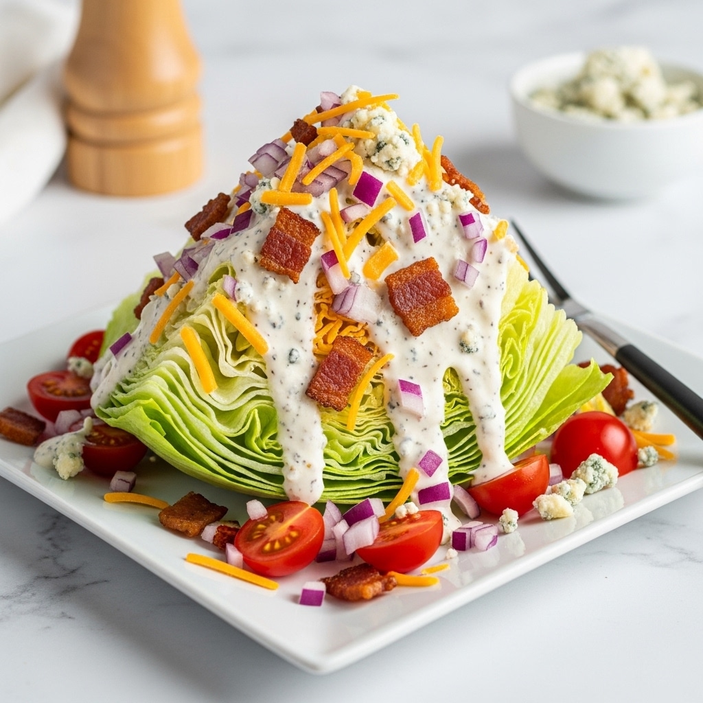 A wedge salad is served on a white square plate, placed on a round white marble slab. The dish has a thick wedge of pale green iceberg lettuce as the base layer, topped with creamy white dressing that drips down the sides. On top are scattered small chunks of dark reddish-brown bacon, finely chopped red onion bits, and bright orange shredded cheddar cheese. There are also halved red cherry tomatoes around the wedge, some resting on the plate. Crumbled blue cheese with a speckled texture is generously sprinkled over the top layer, adding a rough and creamy look. A fork with a black handle lies on the right side of the plate, and in the blurred background, a white bowl filled with more crumbled blue cheese is visible on a white marbled surface. Photo taken with an iphone --ar 4:5 --v 7