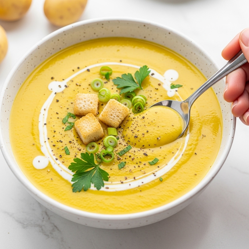 The image shows a bowl of creamy yellow soup with a smooth texture, swirled with white cream on the surface. Three small, light golden croutons and chopped green onions float near the center, along with small specks of black pepper and fresh green parsley sprinkled on top. A silver spoon scoops some soup near the edge of the bowl, held by a woman's hand. The bowl is white with delicate speckles, sitting on a white marbled surface with some small pale potatoes blurred in the background. Photo taken with an iphone --ar 4:5 --v 7