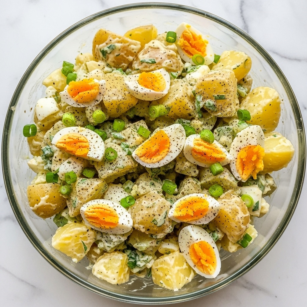 The image shows a clear glass bowl filled with chunky potato salad. The salad has about three layers of cubed boiled potatoes that are creamy and pale yellow from the dressing mixed with small pieces of hard-boiled eggs, onion slices, and green onion bits scattered throughout. There is a light sprinkling of black pepper and paprika on top, adding a touch of brown and red color. A silver spoon is visible in the bowl on the right side, slightly buried in the salad. The bowl is placed on a white marbled surface. photo taken with an iphone --ar 4:5 --v 7