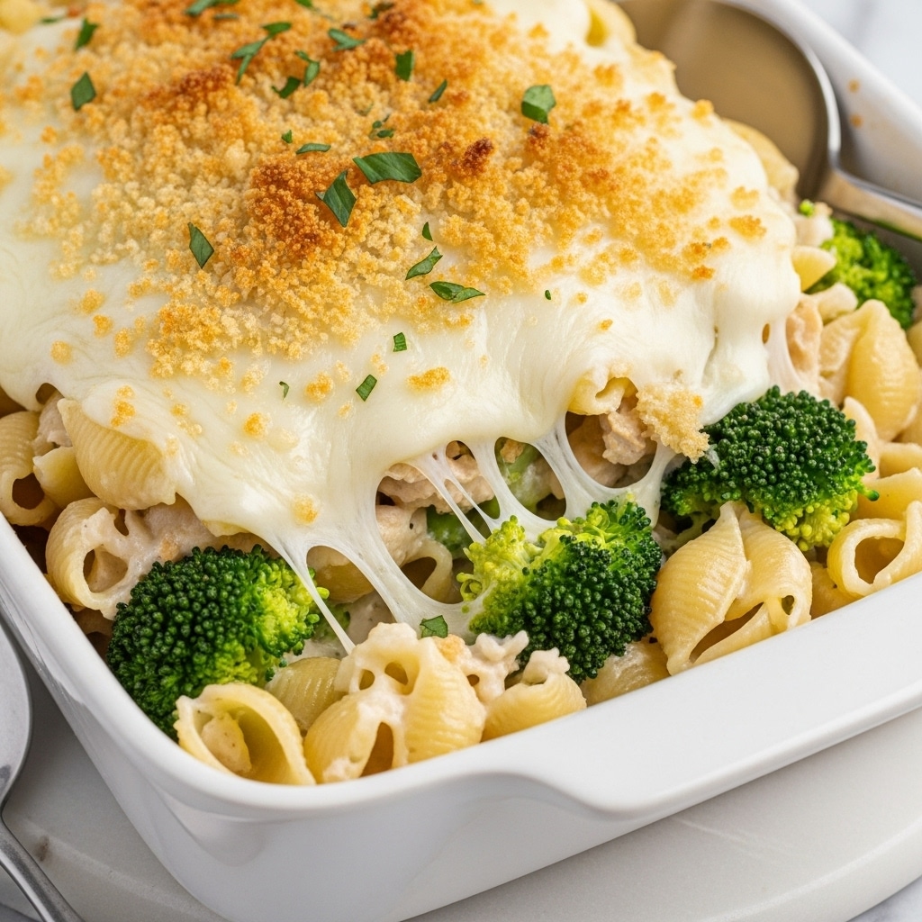 The image shows a close-up of a baked pasta dish in a white baking dish on a white marbled background. The dish has three main layers: at the bottom, there are small, shell-shaped pasta mixed with bright green broccoli pieces. The middle layer is a creamy, white cheese sauce that looks smooth and thick, covering the pasta and vegetables. The top layer is a melted golden cheese crust sprinkled with light brown, crunchy breadcrumbs, giving it a textured and slightly crispy look. Some melted cheese strands stretch gently from the pasta, showing its gooey and soft texture. photo taken with an iphone --ar 4:5 --v 7