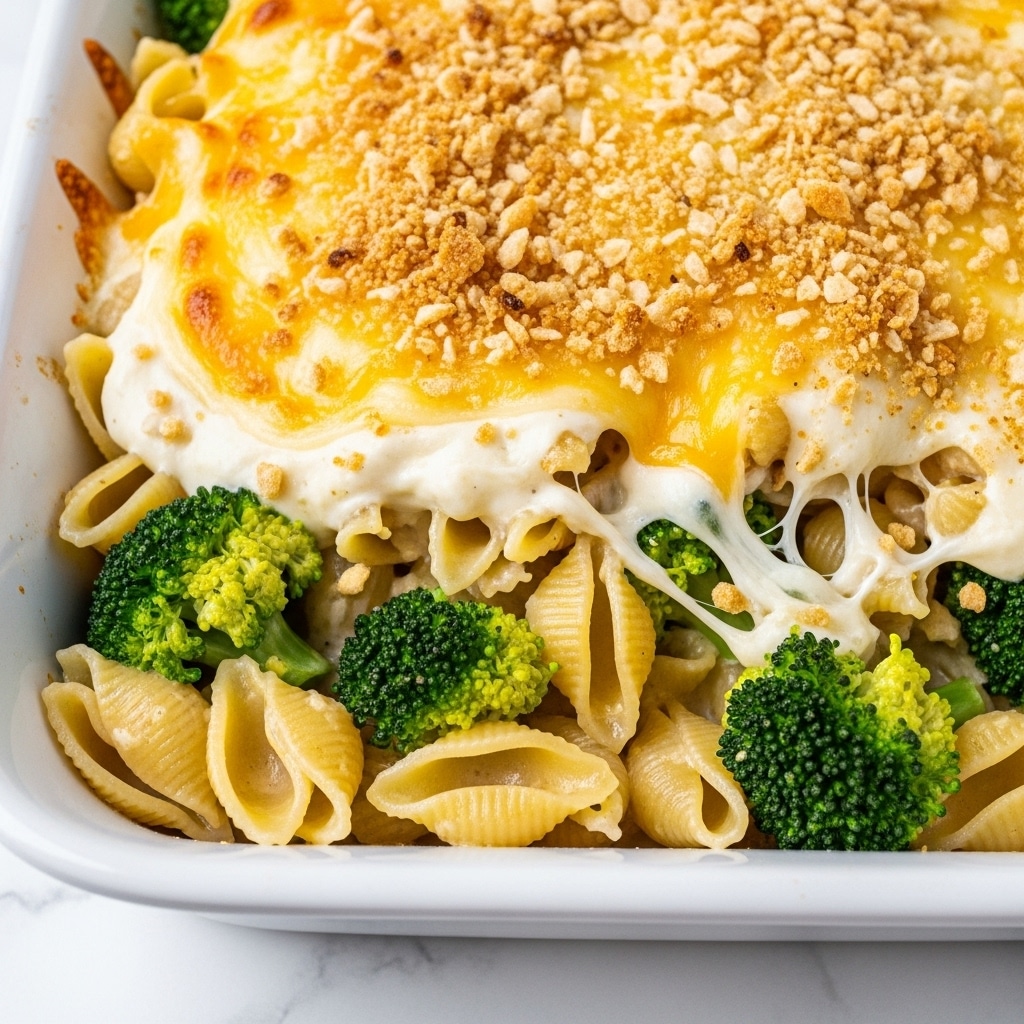 The image shows a close-up of a creamy pasta bake with three visible layers. The bottom layer consists of soft white pasta shells mixed with bright green broccoli florets, creating a fresh contrast. The middle layer is covered with melted white cheese that stretches smoothly, adding a gooey texture. The top layer is golden brown and crispy breadcrumbs scattered lightly with a few small green herbs for color. The dish is served in a white baking dish placed on a white marbled surface, with a spoon visible on the side. photo taken with an iphone --ar 4:5 --v 7