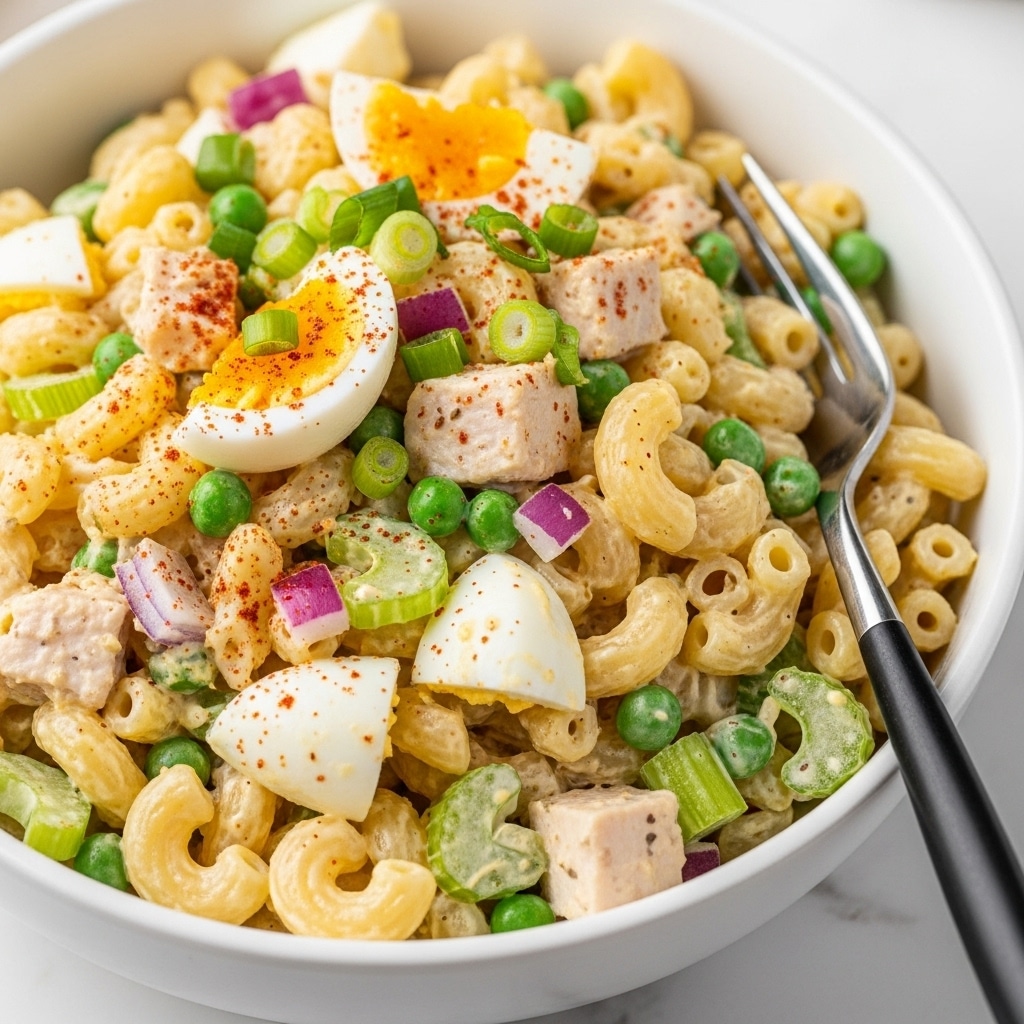 A white bowl filled with creamy macaroni salad made of three main layers: the base layer of yellow elbow macaroni pasta mixed with small green peas and diced red onions, the middle layer of chopped boiled eggs and shredded chicken pieces, and a top layer lightly dusted with paprika and garnished with chopped green onions scattered throughout. The mixture is creamy and slightly chunky, with a pale yellow dressing coating the ingredients. A silver fork with a black handle rests on the right edge of the bowl, placed on a white marbled surface. Photo taken with an iphone --ar 4:5 --v 7