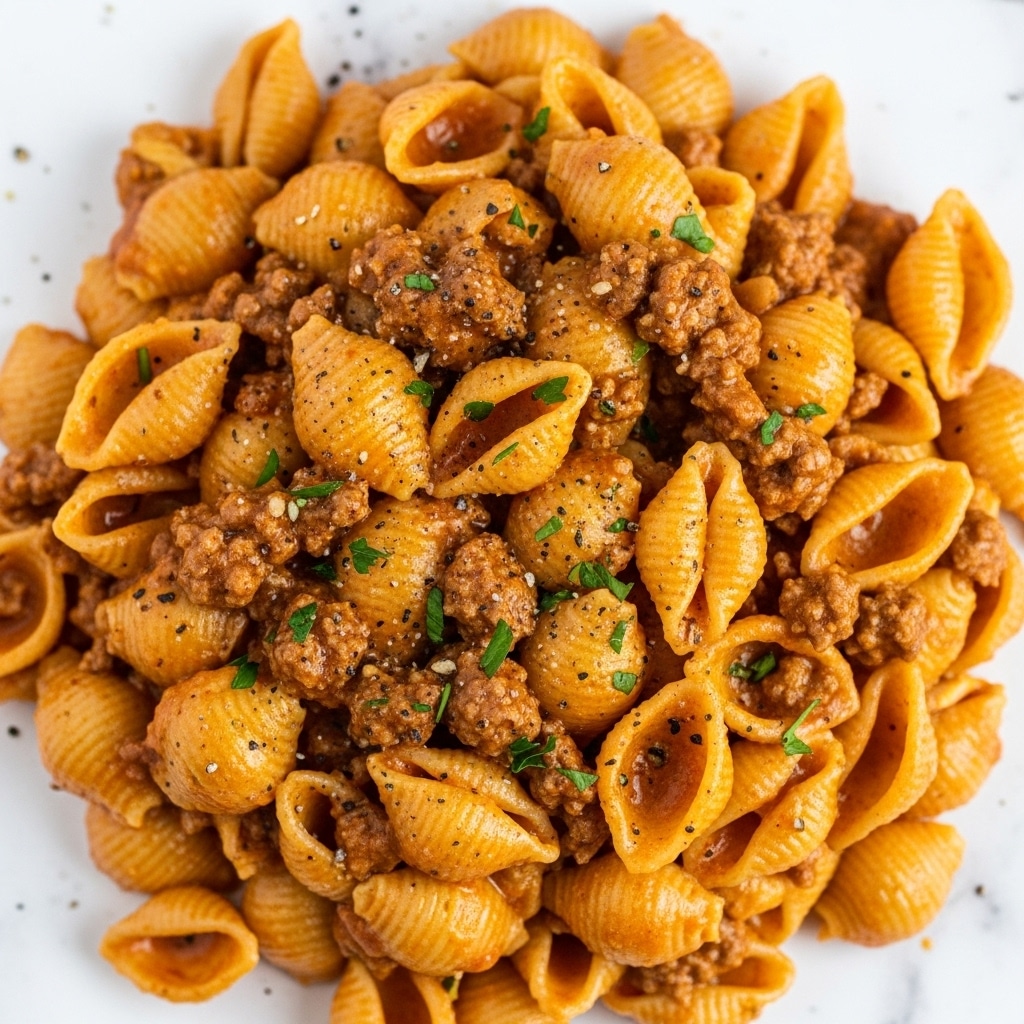 Close-up of a creamy pasta dish with shell-shaped pasta covered in a rich, orange-brown sauce mixed with ground meat. The pasta is well coated in the thick sauce, and small green parsley pieces are sprinkled on top for color contrast. The texture of the pasta is smooth with visible meat chunks spread evenly throughout. A blue utensil is partly visible in the dish, and the background shows a white marbled surface. photo taken with an iphone --ar 4:5 --v 7