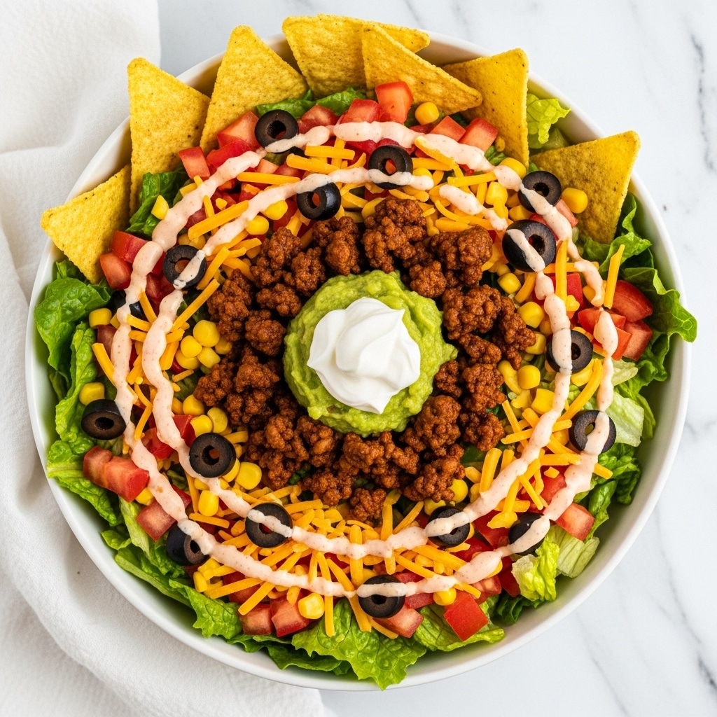 A white bowl filled with layered taco salad, starting with a base of light green chopped lettuce mixed with some yellow corn and black olives scattered evenly. On top are chunks of red tomatoes, small black olive slices, and diced purple onions. A middle layer features brown cooked ground beef scattered in clumps, with dollops of green guacamole and white sour cream in the center. Bright yellow shredded cheese is sprinkled over the salad in several spots. Tortilla chips line the edge of the bowl, slightly sticking out. A light pink creamy dressing is drizzled over the top. The bowl sits on a white marbled surface. photo taken with an iphone --ar 4:5 --v 7