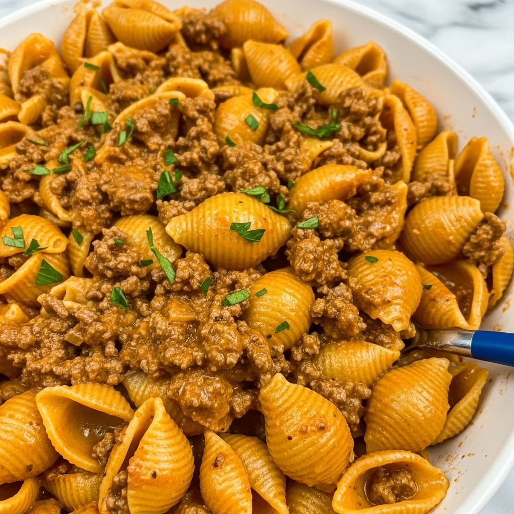 The image shows a close-up top view of a creamy pasta dish with small shell-shaped pasta covered in a rich orange-brown sauce. The sauce is mixed evenly with ground meat pieces and sprinkled with small, fresh green parsley bits. The pasta shells look soft and coated well, with some visible seasoning like black pepper on top. The background is a white marbled texture. photo taken with an iphone --ar 4:5 --v 7
