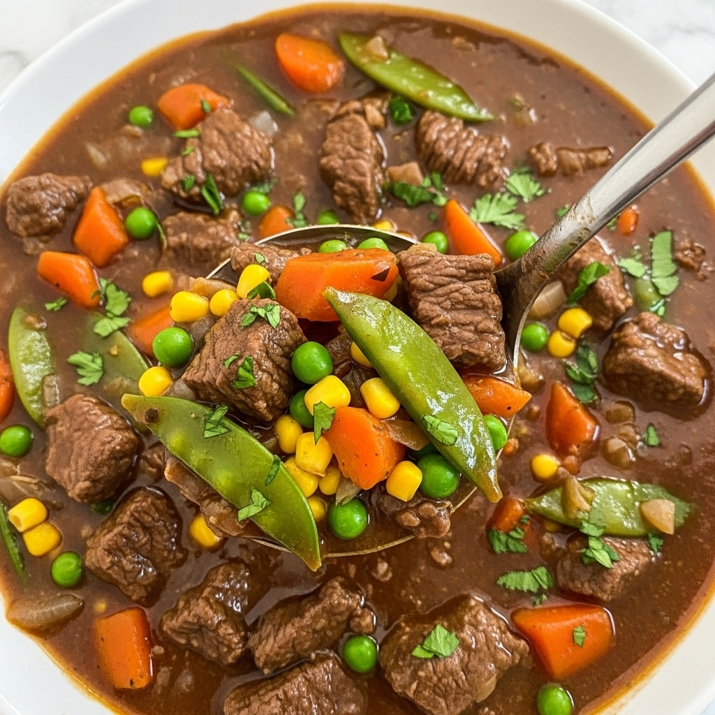 A close-up view of a thick stew filled with dark brown sauce as the base layer, containing chunks of beef that look tender and glossy. The stew also has mixed vegetables scattered throughout, including green beans, small orange carrot pieces, yellow corn kernels, and green peas, adding lots of small colorful spots across the rich sauce. Some small bits of fresh green herbs are sprinkled lightly on the top, giving a fresh, vibrant touch. A metal ladle is partially dipped into the stew, lifting a spoonful showing the mix of all ingredients clearly. The background is a white marbled texture. Photo taken with an iphone --ar 4:5 --v 7