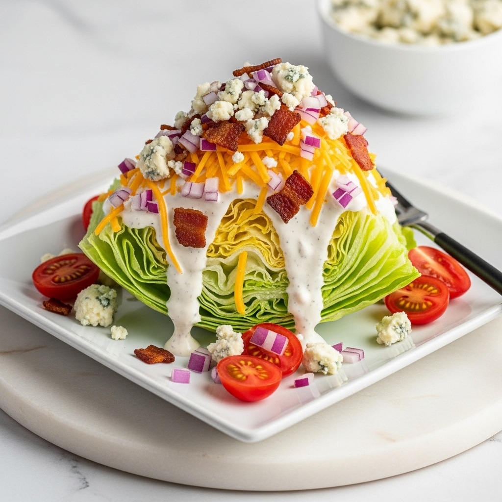A wedge salad is shown on a white square plate placed on a white marbled surface. The salad consists of a large triangular wedge of pale green iceberg lettuce as the base layer. On top, there are small chunks of red cherry tomatoes, finely chopped dark purple onions, and scattered orange shredded cheddar cheese. Crispy pieces of browned bacon add a crunchy texture, and the entire wedge is generously drizzled with creamy blue cheese dressing that also has small bits of blue cheese sprinkled over it. To the right of the plate, a fork with a black handle rests on the plate's edge, and in the blurred background, a wooden pepper grinder and a small white bowl filled with blue cheese are visible. Photo taken with an iphone --ar 4:5 --v 7