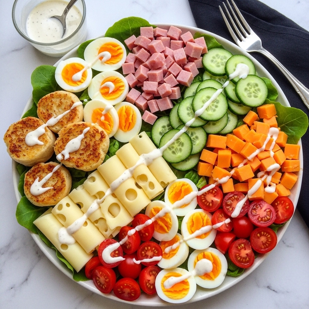 A white plate on a white marbled surface holds a colorful salad arranged in neat sections: the bottom left has thin slices of pale yellow cheese, above it are two folded grilled chicken breast pieces drizzled with white dressing; next are quartered hard-boiled eggs with bright yellow yolks; beside them are diced light pink ham cubes on fresh green lettuce; next to the ham are orange cheddar cheese cubes, followed by slices of pale yellow cheese at the right edge with two more rolled grilled chicken pieces also topped with white dressing. The top right shows thinly sliced cucumber rounds, and the bottom right corner has halved bright red cherry tomatoes; all layers are topped lightly with a creamy white dressing. A small beige bowl of additional white dressing with a spoon sits above the plate, and a fork with a black handle rests on a black cloth on the right. photo taken with an iphone --ar 4:5 --v 7